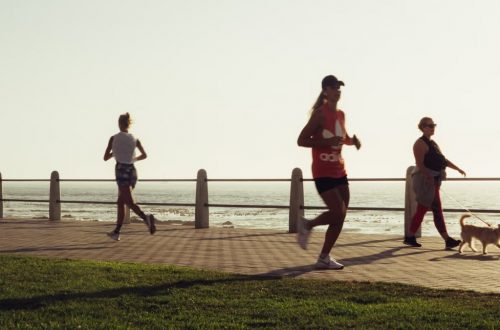 Full body of group women in activewear running and woman with dog walking on embankment and admiring sunset sky on resort